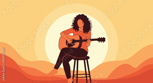 Silhouette of a woman with curly hair sits on a stool and plays a guitar against a large glowing sun and warm sunset landscape.