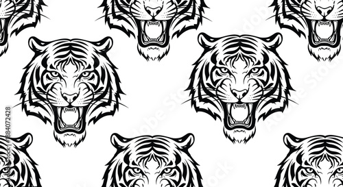 Detailed black and white seamless pattern showcases powerful tiger heads with fierce expressions for a strong wildlife design.