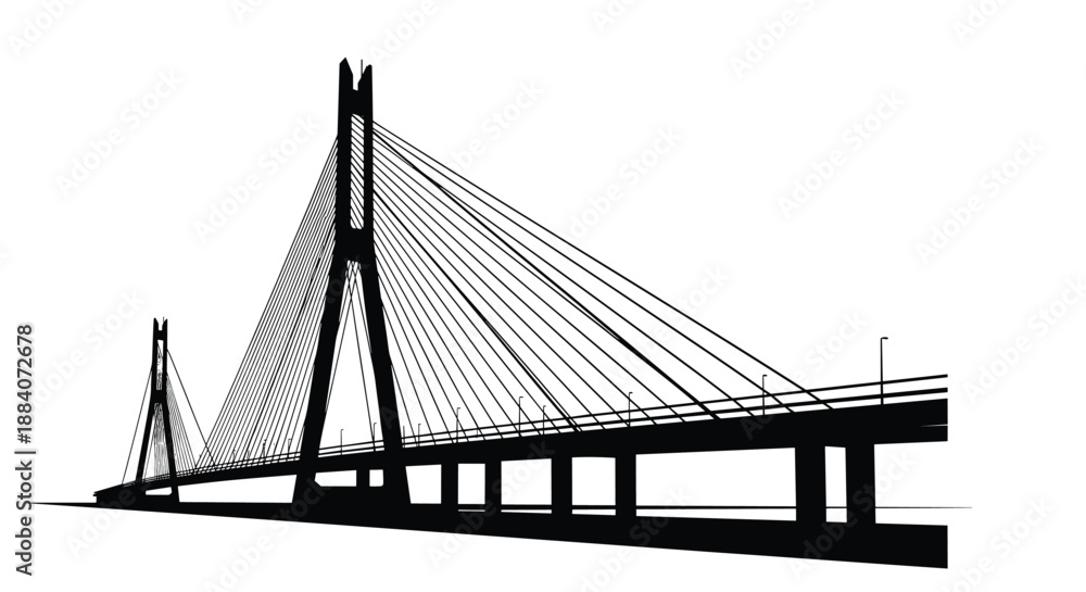 Fototapeta premium Strong black silhouette of a modern cable-stayed bridge featuring tall pylons and support cables against a clear white background.