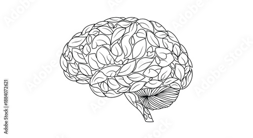 Creative illustration of a human brain formed by various leaves representing the connection between nature, mind, and mental health.