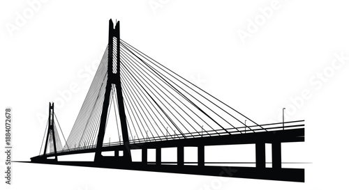 Strong black silhouette of a modern cable-stayed bridge featuring tall pylons and support cables against a clear white background.