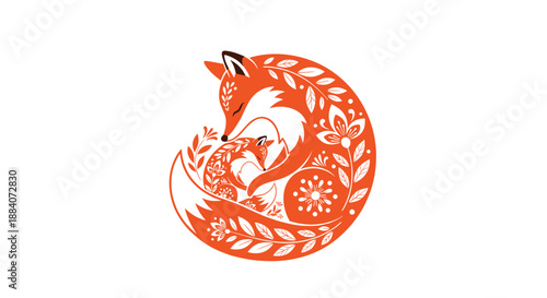 Artistic illustration of a mother fox and her kit curled together with intricate white floral patterns decorating their orange fur.