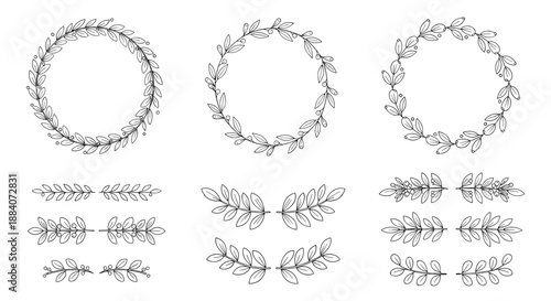 Assorted collection of hand-drawn floral wreaths and delicate leafy dividers in a vintage black and white sketch style.