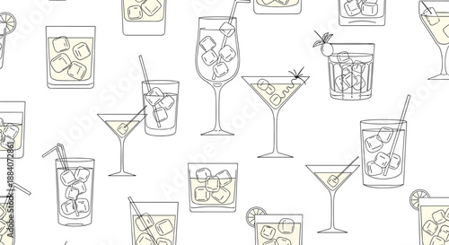 Lively seamless pattern featuring different types of cocktail and beverage glasses with ice cubes and garnish on a white background.