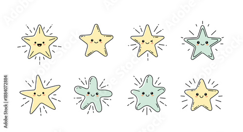 Set of eight adorable cartoon stars with happy faces and sparkling lines in a range of soft pastel yellow and green colors.