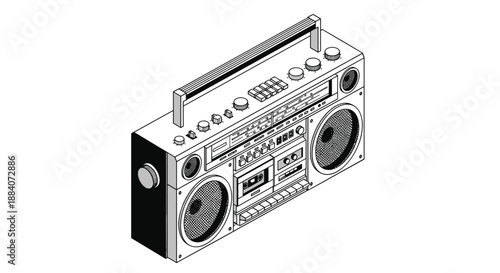 Detailed isometric black and white line drawing of a vintage retro boombox cassette player with speakers and control buttons.