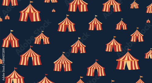 Festive seamless pattern showcasing numerous red and yellow striped circus tents scattered over a dark blue night background.