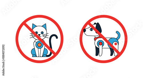 Fun conceptual signs featuring a robot cat and a robot dog inside red prohibition circles on a plain white background.