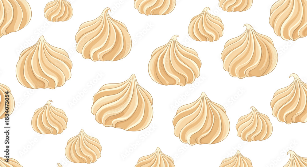 Fototapeta premium Seamless pattern of creamy beige meringue cookies with distinct swirls scattered across a clean white background in a flat style.
