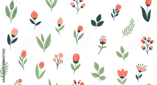 Delicate seamless pattern featuring a variety of small hand-drawn flowers and leaves in soft pink and green tones.