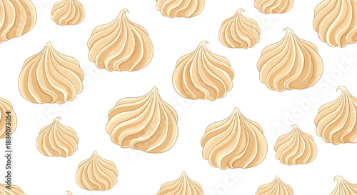 Seamless pattern of creamy beige meringue cookies with distinct swirls scattered across a clean white background in a flat style.
