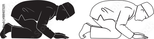 Muslim Man Praying Silhouette and Outline Vector Illustration