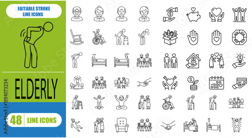 ELDERLY ICONS SET. CONTAINING RETIREMENT, OLD, PENSION, SENIOR, GRANDPARENTS, WHEELCHAIR, ALZHEIMER, CAREGIVER, AND MORE. EDITABLE STROKE. VECTOR ILLUSTRATION. SEO OPTIMIZED AND TOP RANKED IN ADOBE ST