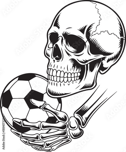A skeleton hand holding soccer ball and skull looking forward black and white drawing