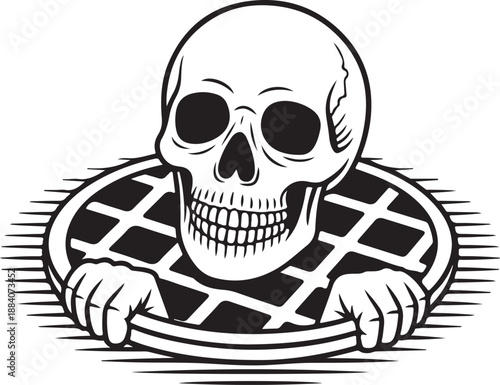A skull holding on to a manhole cover with both hands on a striped background