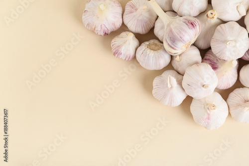 Fresh garlic bulbs on beige...