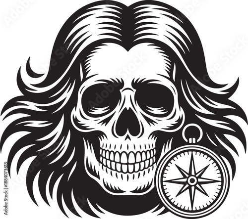 Skull with long hair and compass engraving style black and white vector illustration