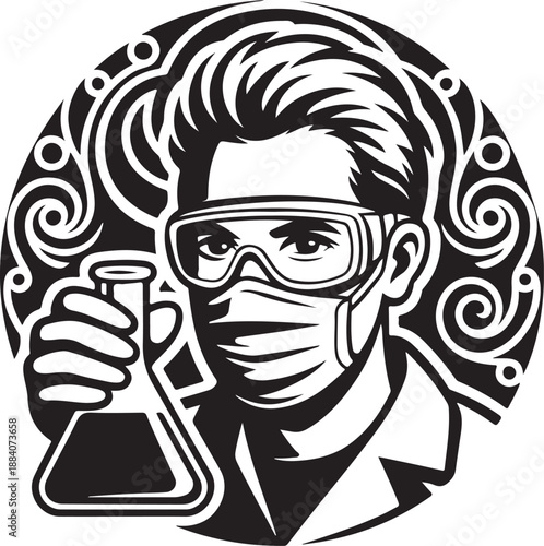 Scientist wearing mask goggles holding flask lab experiment research black white