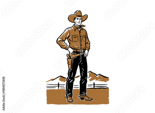 Vintage cowboy vector artwork. Wild west graphic illustration design. Rodeo man artwork for t shirt print, poster, sticker, background and other uses.