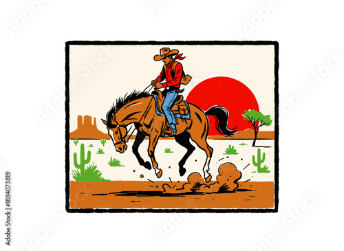 Western cowboy riding horse illustration design. Wild West adventure artwork. Desert rancher graphic. Retro comic style design for t shirt print, post