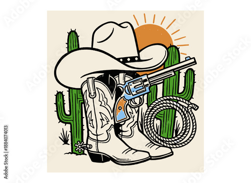 Western cowboy illustration vintage style. Wild West boots hat revolver artwork. Desert scene graphics design. Cowboy t shirt print poster sticker bac