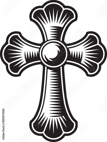 Ornate decorative celtic cross with radiant sunburst details in bold black and white art