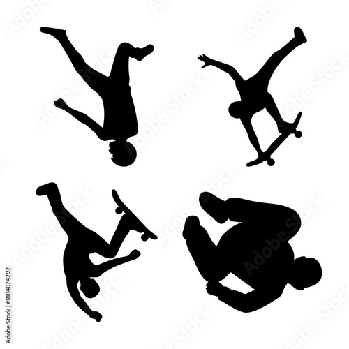 Dynamic black silhouettes capturing various acrobatic and skateboarding poses against a white background
