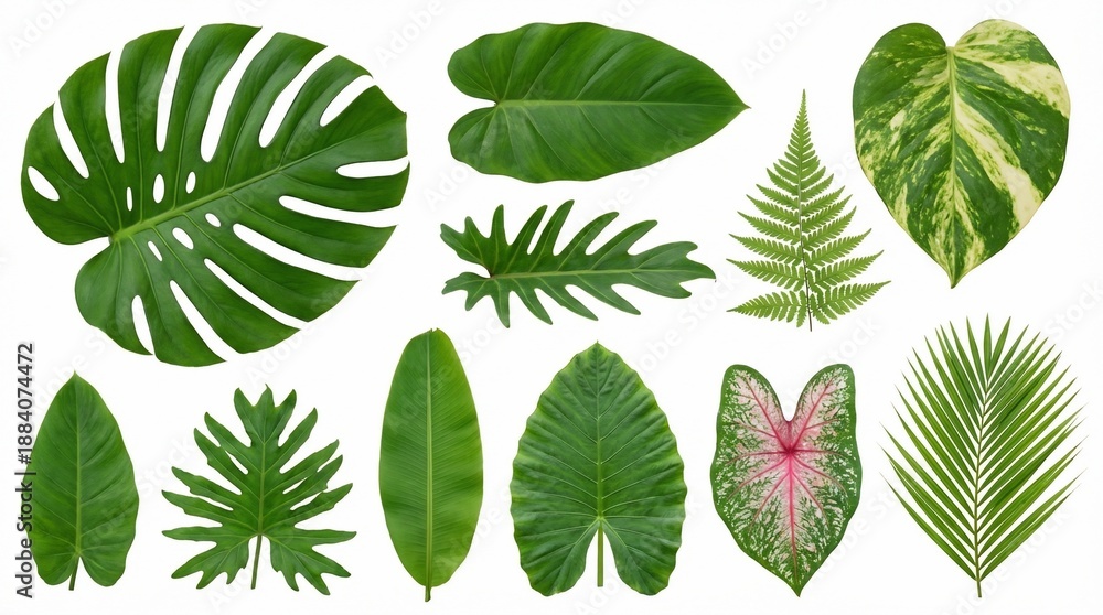 Obraz premium Collection of various tropical green leaves isolated on a white background, showcasing diverse shapes and textures from different plant species.