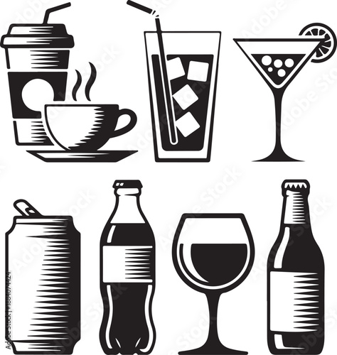 Selection of vector icons illustrating various types of drinks coffee soda beer wine cocktail