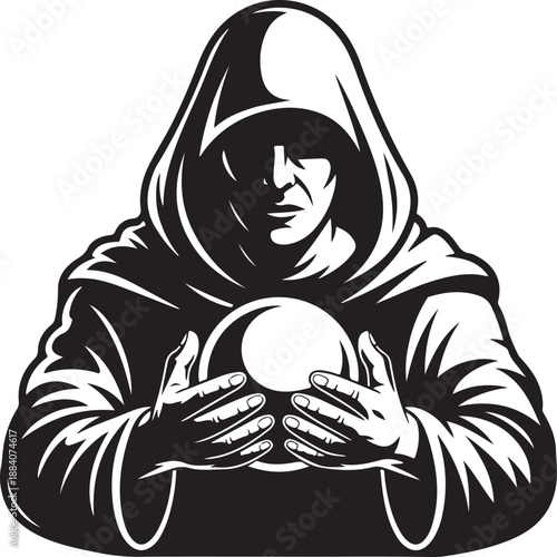 Mystical hooded wizard holding glowing crystal ball in dark dramatic shadows engraving style
