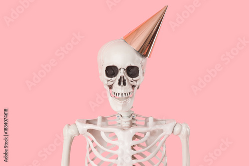 Human skeleton in party hat...