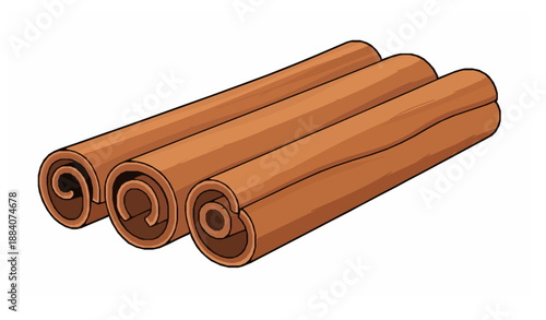 Detailed flat vector of three rolled cinnamon sticks aromatic spice for cooking and food design