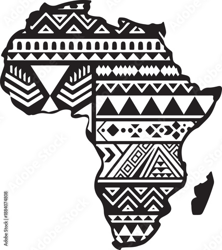 Map of african continent silhouette filled with bold tribal geometric ethnic patterns
