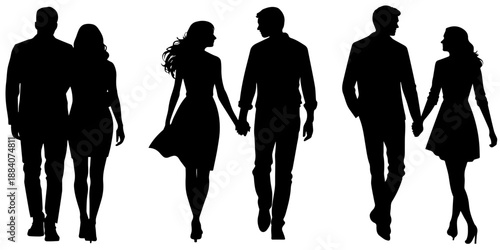silhouette of a Man and woman walking in the street seen from back angle eps 10