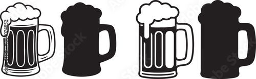 Beer mugs with foam and bubbles, outline and silhouette styles,