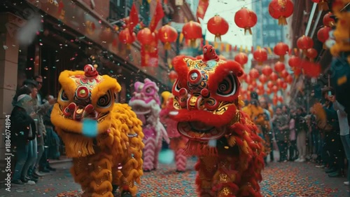 Vibrant Chinese New Year Celebration with Traditional Lion Dances and Festive Street Parade Amidst Confetti and Red Lanterns