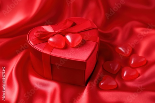 Heart-shaped box and candy on red satin creating romantic atmosphere