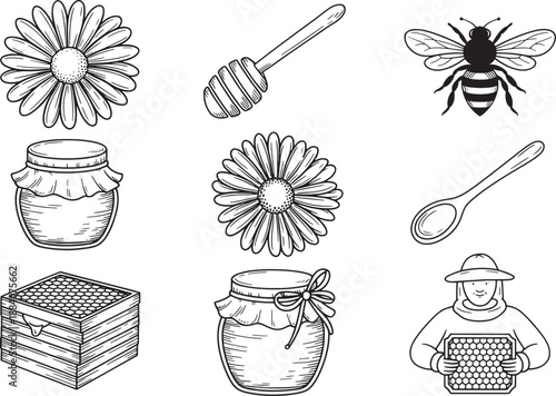 Set of honey bee themed elements, flowers and honey jar vector illustration