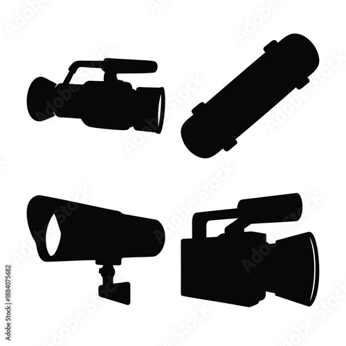 Silhouettes of video cameras, a security camera, and a skateboard on a clean white background