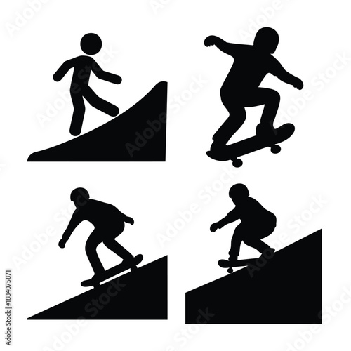 A collection of dynamic silhouettes illustrating various skateboarding actions and ramp interactions