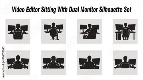 Collection of minimalist silhouettes showing a person working at a desk with dual monitors, perfect for technology, gaming, and office themes.