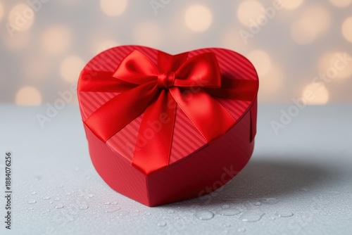 Heart-shaped red gift box with bow on light surface and bokeh background