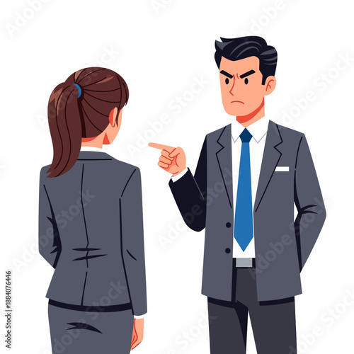 Man scolding woman boss reprimanding employee workplace conflict.