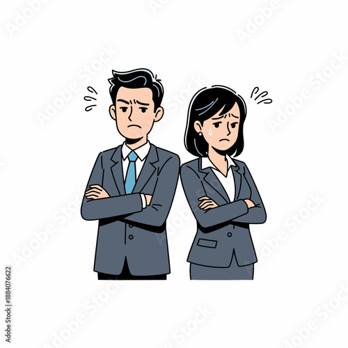 Angry business couple with crossed arms conflict disagreement.