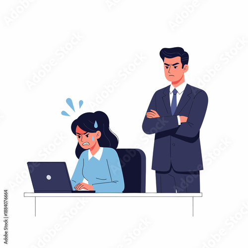 Man in suit scolding stressed woman at office desk.