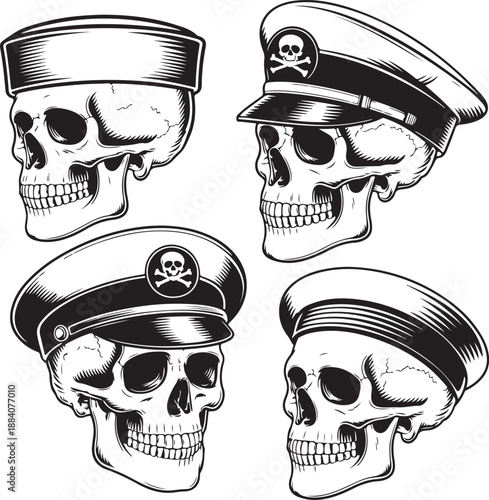 Skull with military cap in vintage style, death symbol, pirate captain hat, grim reaper.
