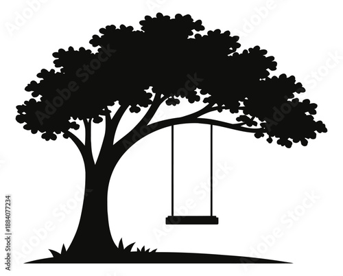 Classic silhouette illustration of a tree with a swing depicting an outdoor play area for childhood concepts