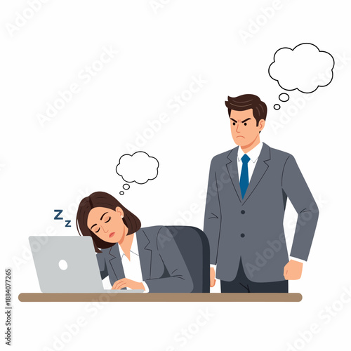 Tired office worker sleeping at desk with colleague watching.