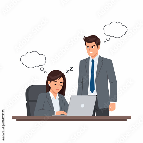 Tired woman working on laptop man standing beside her.