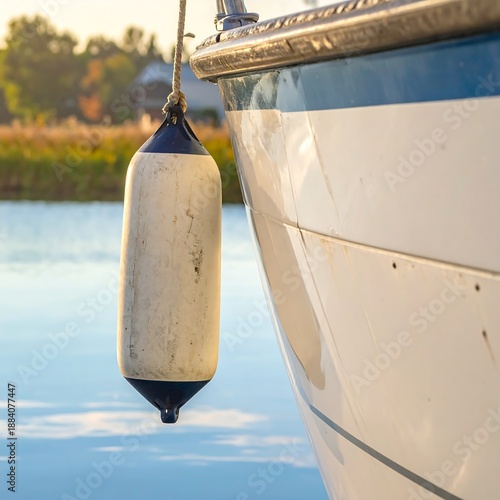 A white boat with a blue stripe moored to a buoy on a serene lake